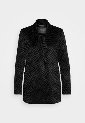 Blazer negru confecționat dintr-un material texturat, cu un model subtil de dungi de tigru, având un guler cu motive retro și două buzunare frontale.