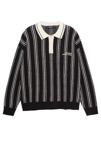 Pullover a righe bianche e nere con scollo a collo, pattina con tre bottoni e testo ricamato sul petto sinistro. Tessuto morbido.