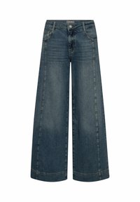Brede denimbroek in een donkere wassing, met een mid-rise tailleband, voorzakken en zichtbare stiksels langs de naden.