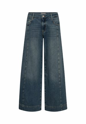 Wide-leg denim trousers in dark wash, featuring a mid-rise waistband, front pockets, and visible stitching along the seams.