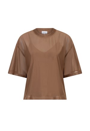 Haut marron semi-transparent à manches courtes, coupe ample, col rond avec doublure intérieure visible, présenté sur fond blanc.