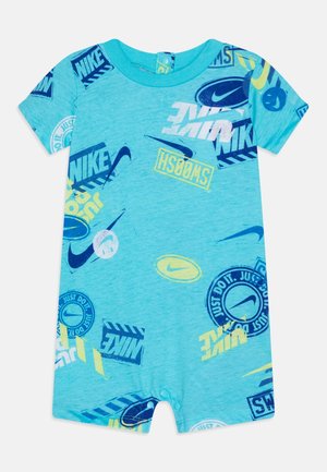 Blå kortærmet babydragt med all-over mønster af flerfarvede Nike-logoer, swooshes og teksten "Just Do It".