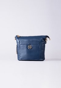 Blue leather crossbody bag with a zip closure, front pocket, and gold-tone hardware. Features a decorative brand emblem on the front.
