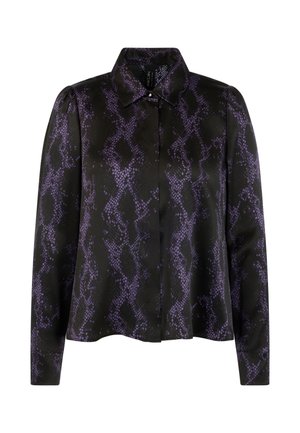 Long-sleeve shirt in black satin with a purple snake print pattern, featuring a classic collar and subtle shoulder pleats for added detail.