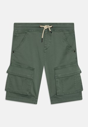 Shorts cargo verts avec de grandes poches avant à rabat, poches avant en biais et un cordon de taille blanc sur un fond uni.