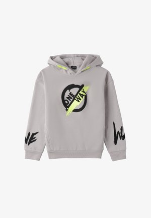 Felpa grigia con cappuccio, caratterizzata da una grafica testuale nera "ONE" e "WAY", dettagli neon sul cappuccio e polsini e fondo a coste.