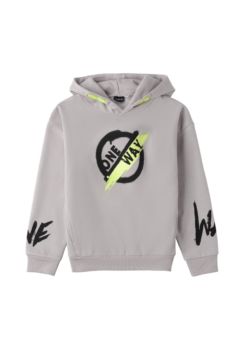 Grauer Kapuzenpullover mit schwarzem Textschriftzug "ONE" und "WAY", neonfarbige Akzente an der Kapuze sowie gerippte Bündchen und Saum.