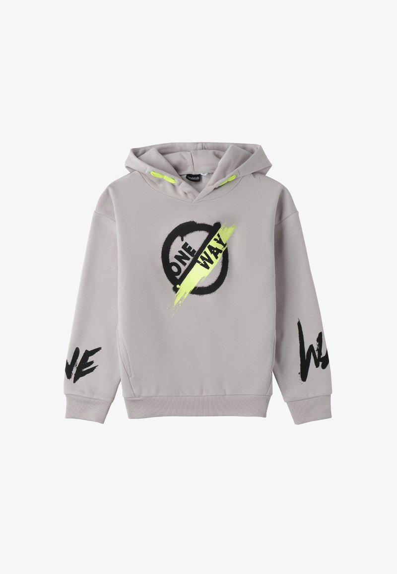 Grauer Kapuzenpullover mit schwarzem Textschriftzug "ONE" und "WAY", neonfarbige Akzente an der Kapuze sowie gerippte Bündchen und Saum.