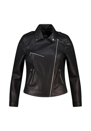 Zwarte faux leren bikerjack met asymmetrische zilveren ritsen, ritszakken, drukknoopkraag en schouderepauletten.
