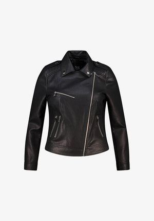 Veste de moto en faux cuir noir avec des zips argentés asymétriques, des poches zippées, un col à bouton-pression et des épaulettes.