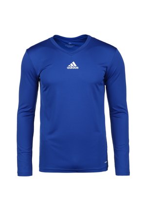 T-shirt de sport Adidas bleu à manches longues avec col en V et logo blanc Adidas centré sur la poitrine, présenté sur fond blanc.