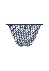 Slips da nuoto blu navy con un motivo ripetuto di pesci bianchi, dotati di una texture liscia e di una cintura elastica per una vestibilità sicura.