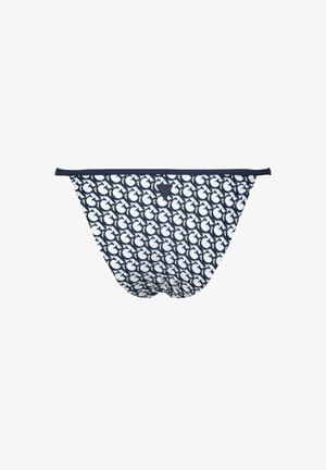 Slips da nuoto blu navy con un motivo ripetuto di pesci bianchi, dotati di una texture liscia e di una cintura elastica per una vestibilità sicura.
