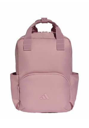 Kompaktowy różowy plecak z górnymi uchwytami, przednią kieszenią na zamek, bocznymi kieszeniami i logo Adidas na środku z przodu.