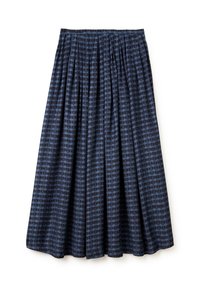 Navy blue midi skirt with pleats, featuring a pattern of overlapping circles in a lighter shade, made from soft fabric, with a smooth waistband.