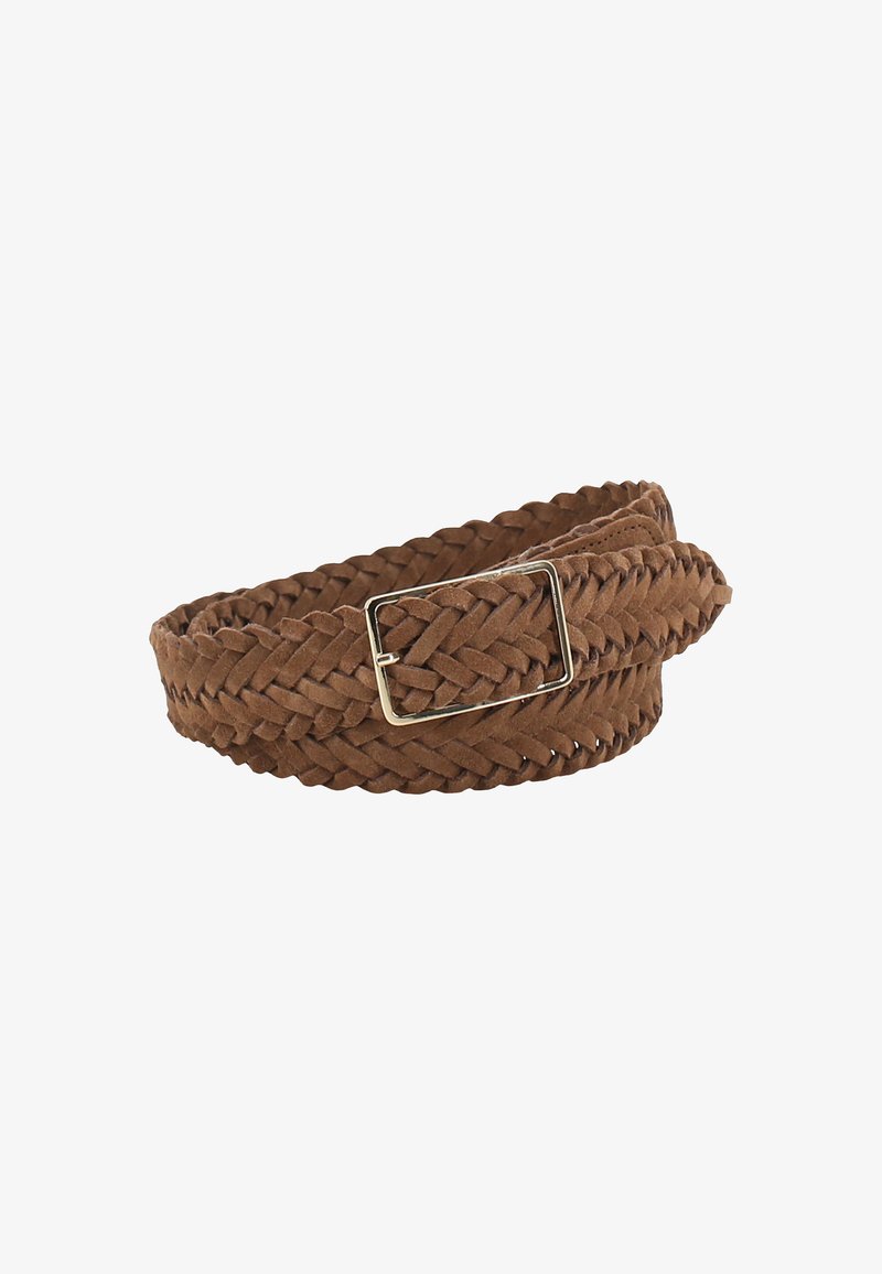 Brown braided suede belt with a rectangular metal buckle. Features a textured woven design and a smooth finish for the belt's body.