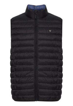 Zwarte geïsoleerde vest met een hoge kraag, ritssluiting aan de voorkant en een gewatteerde textuur. Het interieur heeft een blauwe voering en een klein logo-accent.