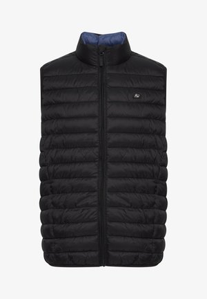 Zwarte geïsoleerde vest met een hoge kraag, ritssluiting aan de voorkant en een gewatteerde textuur. Het interieur heeft een blauwe voering en een klein logo-accent.