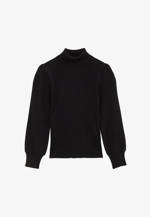 Schwarzer, gerippter Rollkragenpullover mit langen Ärmeln, figurbetontem Schnitt und strukturierter Stoffqualität. Mit hohem Kragen und gerafften Schulterakzenten.