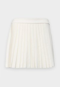 White pleated skirt with a smooth waistband, made of lightweight fabric. The pleats create texture and dimension throughout the garment.
