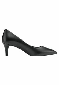 Sorte læder højhælede pumps med spids tå og slank hæl, der har en glat tekstur og minimalistisk design.