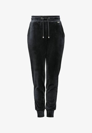 Czarne dresowe spodnie z weluru mają elastyczny pas z sznurkiem, ściągacze przy kostkach oraz subtelny akcent z logo, oferując miękkie, teksturowane wykończenie.