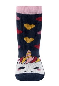 Granatowa skarpetka z motywem jednorożca, z różowym wykończeniem, wielokolorowymi sercami i fakturowanym wzorem na cholewce.