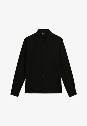 Zwarte langemouwige knopsluitingshirt met kraag, met een klein geborduurd logo op de onderkant van de voorkant en merklabel binnenin de kraag.