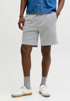 Mann står iført grå og hvite vertikale stripete shorts, grå sokker, hvite joggesko og en blå denimskjorte.