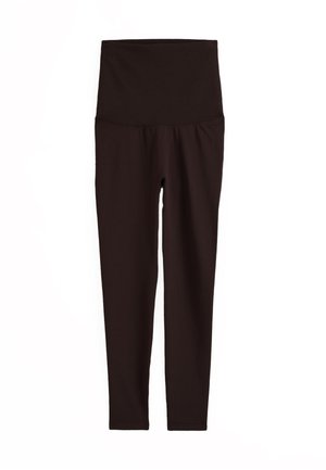 Musta korkeavyötäröiset äitiysleggingsit, joissa on täyspitkät lahkeet ja leveä, joustava vyötärönauha vatsan tukemiseksi.