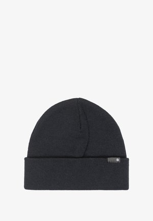 Bonnet en tricot noir avec un revers, arborant une petite étiquette logo sur le côté. Fabriqué en tissu doux et texturé pour la chaleur et le confort.