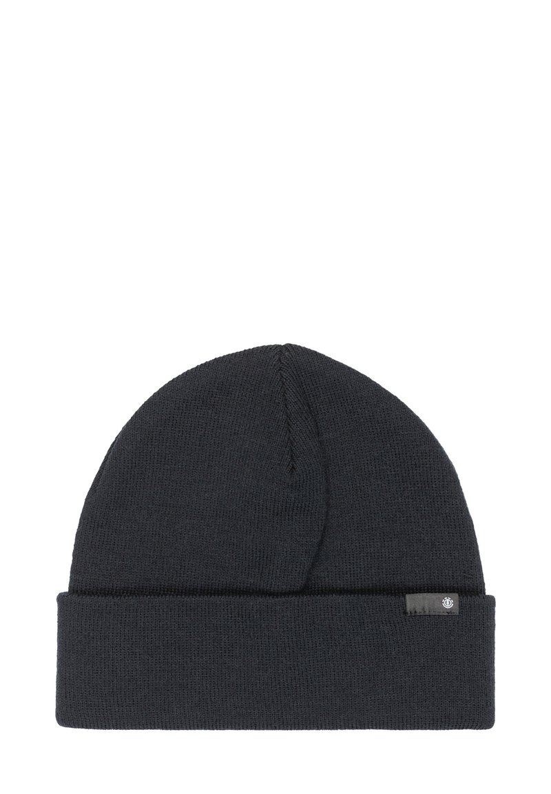 Beanie in maglia nera con risvolto, dotata di una piccola etichetta logo sul lato. Realizzata in tessuto morbido e texturizzato per offrire calore e comfort.