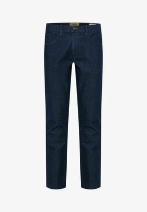 Dark blue denim pants featuring five pockets, a zip fly, and a button closure. The fabric has a smooth texture with subtle variations in shade.
