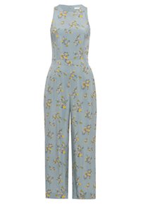 Blomsterdragt i lyseblåt stof med ærmeløs design, der har gule og grønne blomsterprint og en tætsiddende talje.