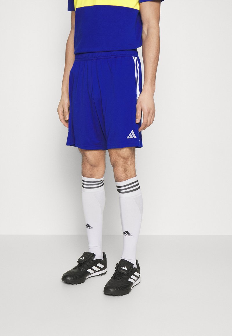 Conjunto deportivo con una camiseta azul que presenta una franja amarilla, pantalones cortos azules, calcetines blancos con rayas negras y zapatos negros con detalles blancos.