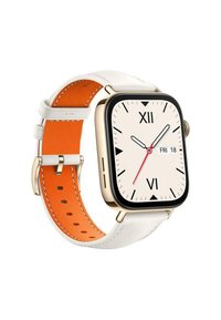 Smartwatch with a square face, white leather strap, and orange accents. Display features roman numerals and a date indicator. Gold-tone hardware.