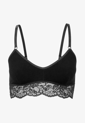 Bralette noir avec bretelles ajustables, en coton doux, et une bordure en dentelle au bas présentant un motif floral.