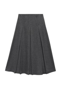 Jupe plissée grise avec une forme évasée, fabriquée en tissu doux. Présente des plis verticaux et une taille lisse pour un look ajusté.
