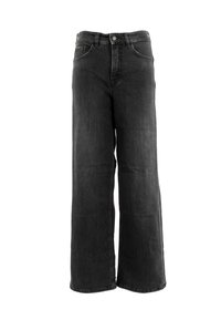 Jeans negros de pierna ancha con cierre de botón y cremallera, que presentan dos bolsillos frontales y un diseño limpio sin desgaste visible.