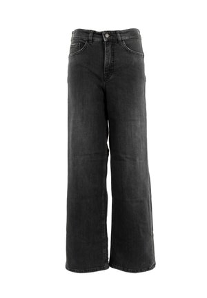 Jeans negros de pierna ancha con cierre de botón y cremallera, que presentan dos bolsillos frontales y un diseño limpio sin desgaste visible.