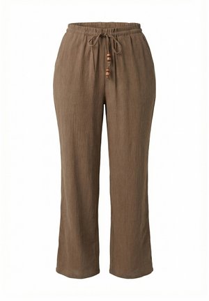 Braune, strukturierte Hose mit weitem Bein, elastischem Bund und Kordelzug mit Holzperlen, auf weißem Hintergrund präsentiert.