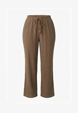 Pantaloni marroni a gamba larga con texture, vita elastica e coulisse con dettagli in perline di legno, mostrati su sfondo bianco.