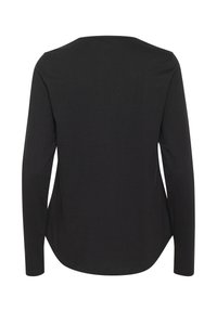 Schwarzes Langarmshirt mit rundem Halsausschnitt, geschwungenem Saum und weicher Textur. Einfaches Design ohne Muster oder Verzierungen.