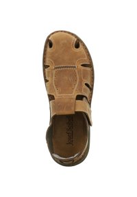 Brown leather sandal with open cutouts, adjustable strap, and flat sole. Features contrasting stitching and interior logo detail.