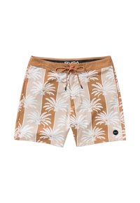 Brown swim trunks with a palm tree pattern in white. Features a drawstring waist and a black logo patch on the lower left front.