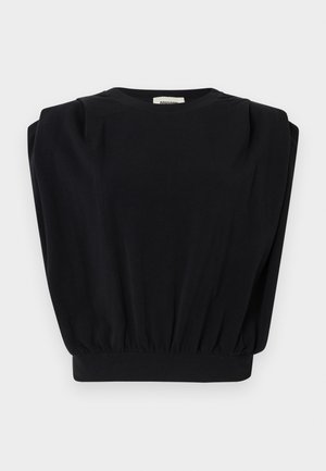 Svart ermeløs topp med polstrede skuldre og elastisk kant, vist flatt på hvit bakgrunn.