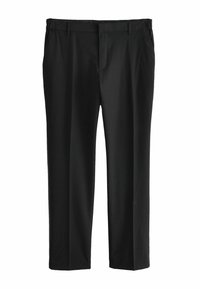 Melnas bikses no gludas auduma ar taisnu kāju dizainu, priekšējo kroku un jostas cilpām. Nav redzamu rakstu vai akcents.