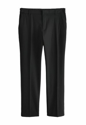 Melnas bikses no gludas auduma ar taisnu kāju dizainu, priekšējo kroku un jostas cilpām. Nav redzamu rakstu vai akcents.