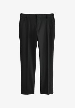 Melnas bikses no gludas auduma ar taisnu kāju dizainu, priekšējo kroku un jostas cilpām. Nav redzamu rakstu vai akcents.