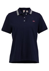 Polo bleu marine à manches courtes avec col à rayures blanches, trois boutons, et petit logo rouge Levi's sur la poitrine gauche.